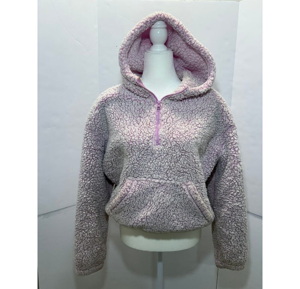 PacSun Sherpa Fleece Hoodie Medium Pink Cream Quarter Zip Teddy Pullover Pocket